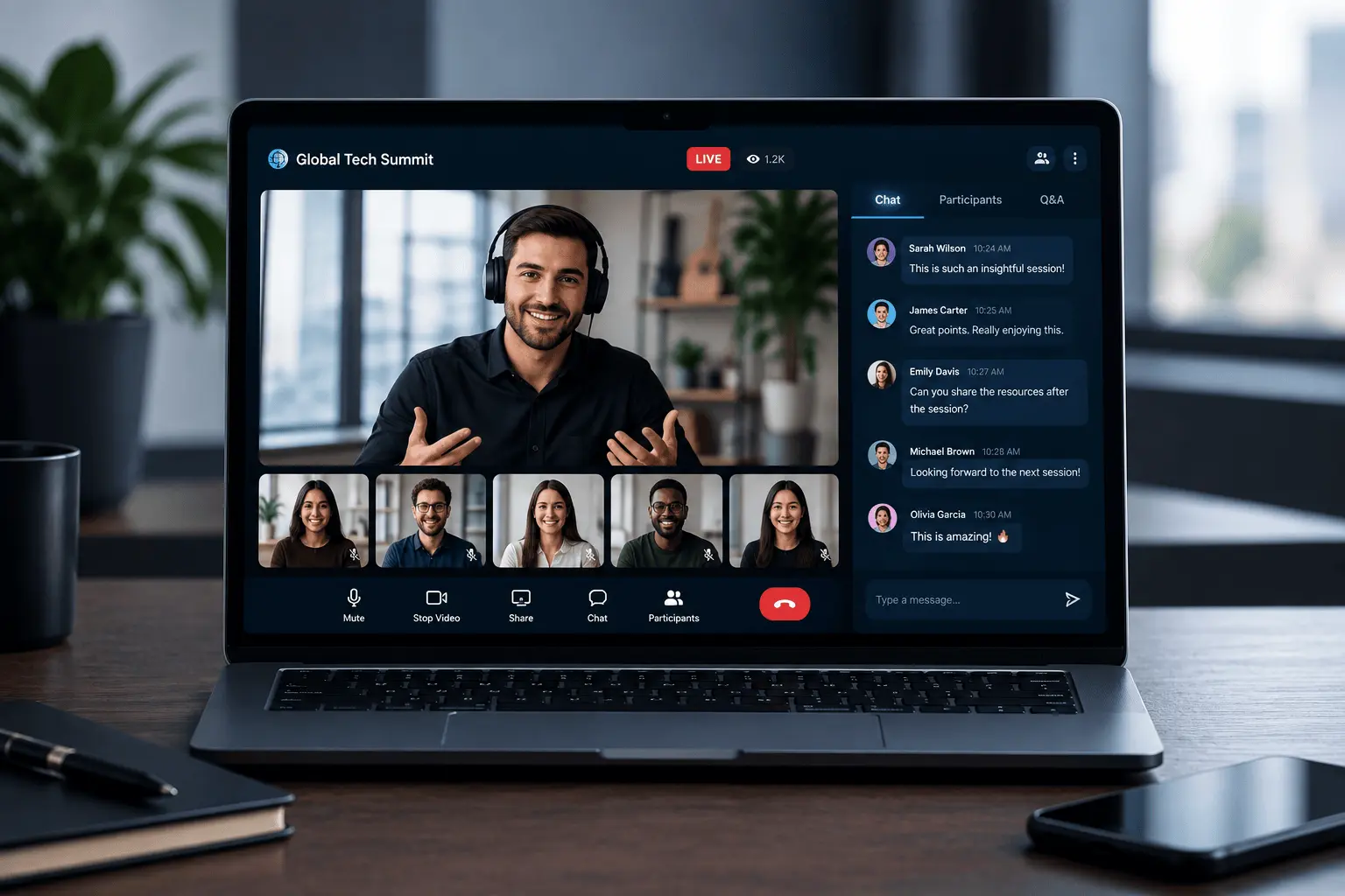 Online conference platform with live video, participants, and chat